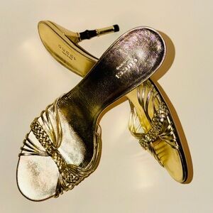 Gucci Metallic Gold Braided Strap Mule Heels Made in Italy w/ Box